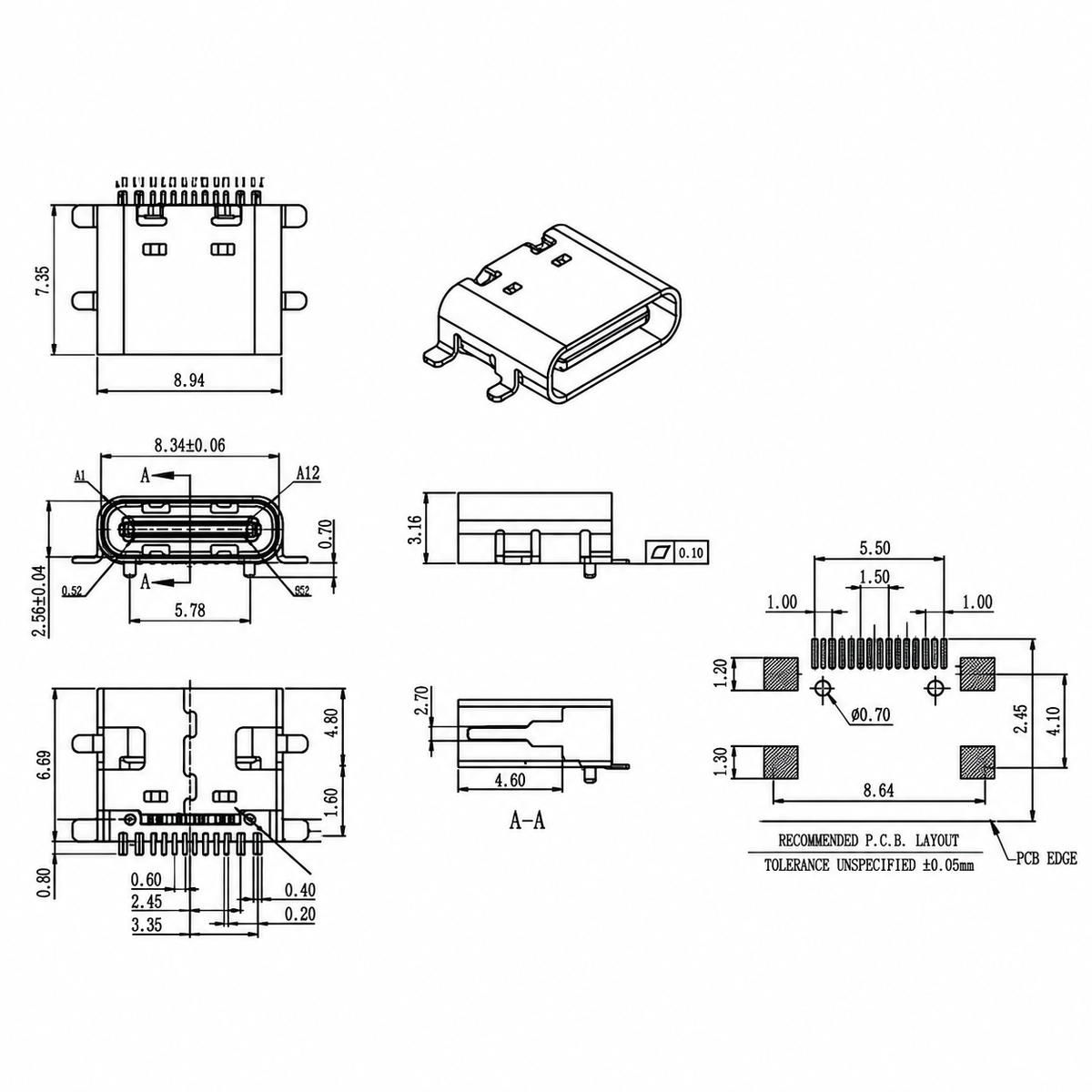 USB 3.1 Type C 16Pin Female Connector SMD - Surface Mount