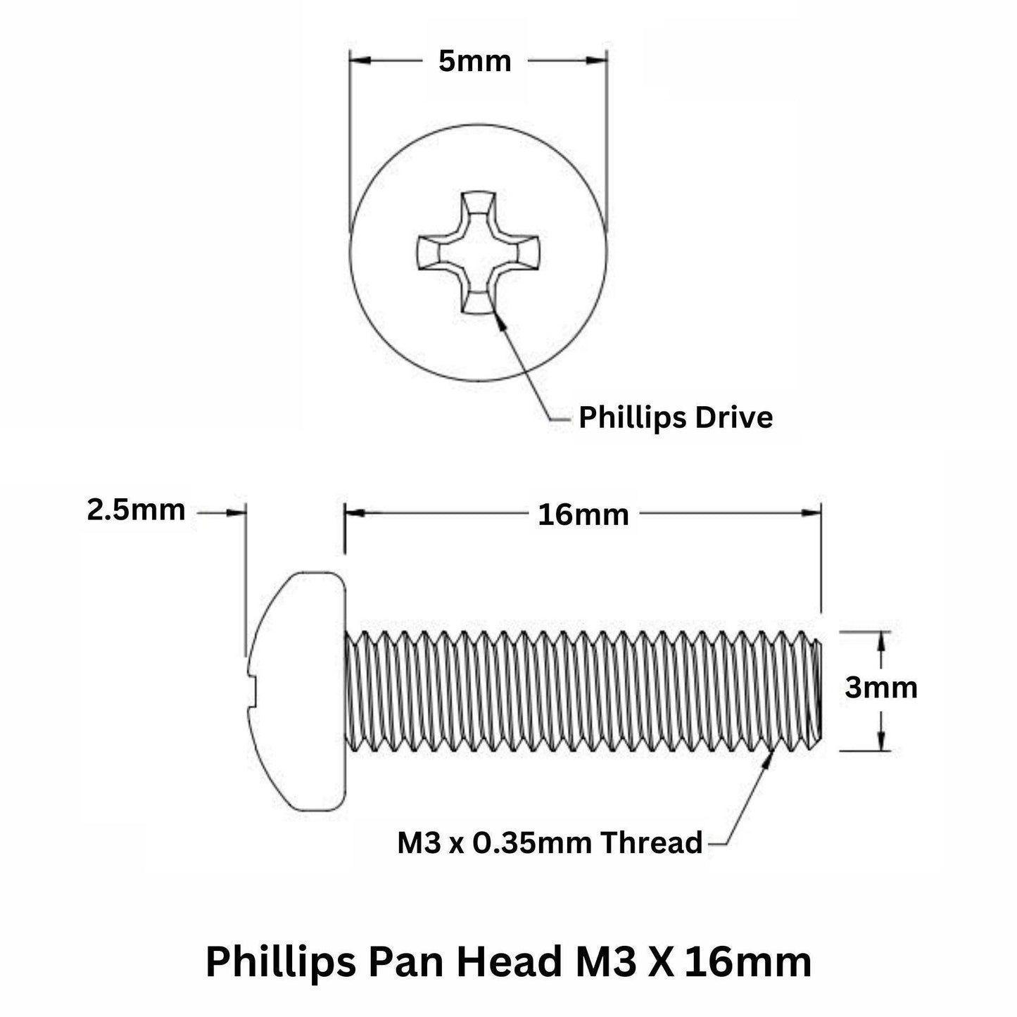 M3 x 16 SS 304 Philips PAN Head Bolt - 16mm Length (Pack of 4)
