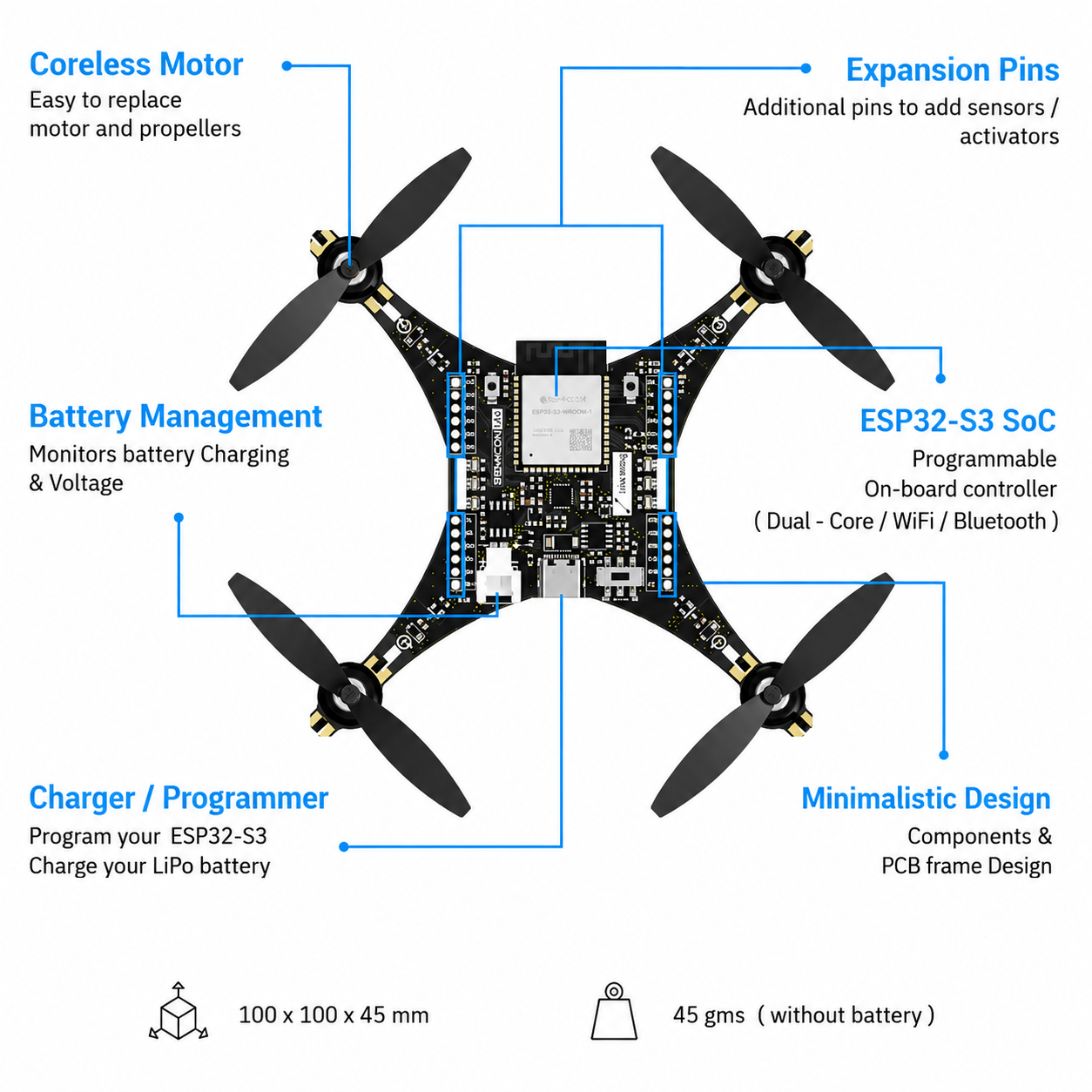 LiteWing - ESP32 based Programmable Drone Development Board with Battery (Ready to Fly)