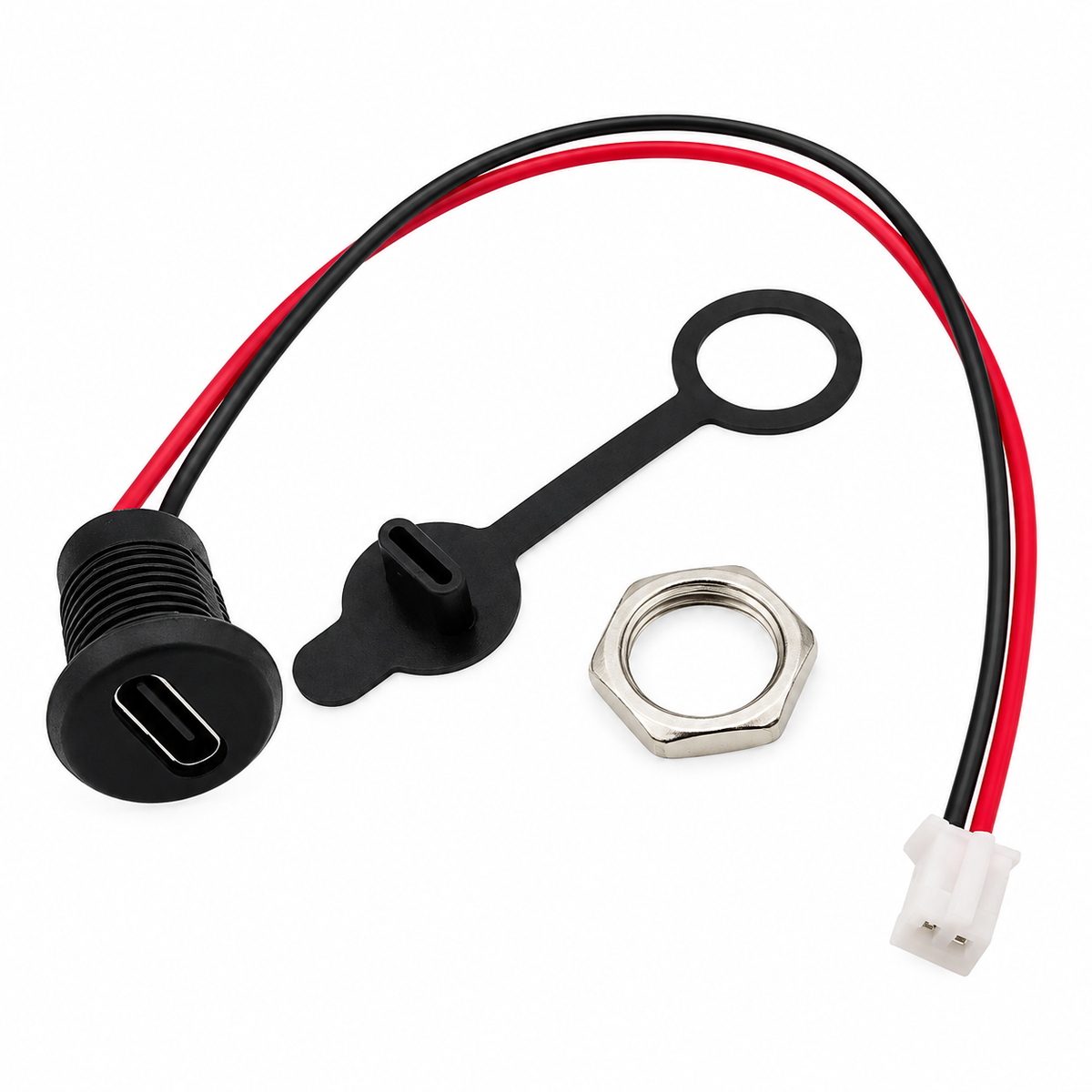 Panel Mount USB C Female Connector with Dust Cap - JST-PH-2.0 Connector Output - Black - 15cm Cable