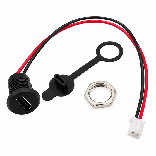 Panel Mount USB C Female Connector with Dust Cap - JST-PH-2.0 Connector Output - Black - 15cm Cable