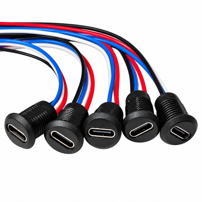 Panel Mount USB C Female Connector with Dust Cap - JST-PH-2.0 Connector Output - Black - 15cm Cable