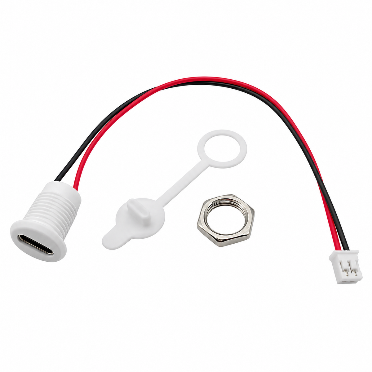 Panel Mount USB C Female Connector with Dust Cap - JST-PH-2.0 Connector Output - White