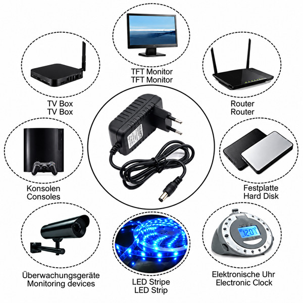 Wall-Mount Switch-Mode Power Supply DC Adapter (12V, 1Amp)