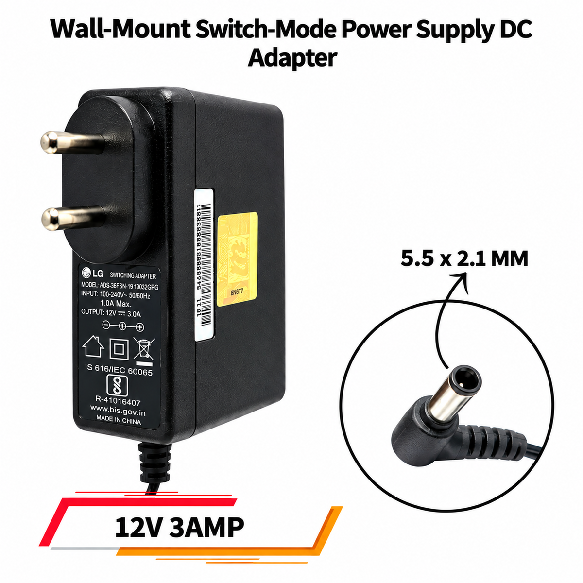Generic: Wall-Mount Switch-Mode Power Supply DC Adapter (12V, 3Amp)